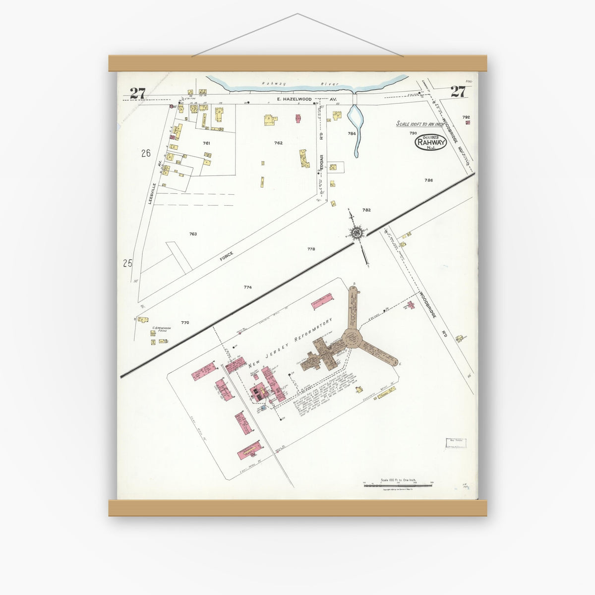 Old map wall art mockup — magnetic wood frame on white wall — Sanborn Fire Insurance Map from Rahway, Union County, New Jersey (1923), Sheet #0027