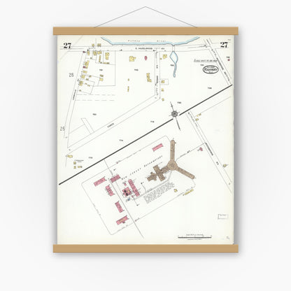 Old map wall art mockup — magnetic wood frame on white wall — Sanborn Fire Insurance Map from Rahway, Union County, New Jersey (1923), Sheet #0027