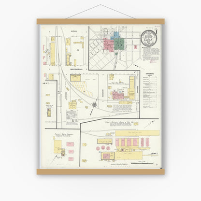 Old map wall art mockup — magnetic wood frame on white wall — Sanborn Fire Insurance Map from Elgin, Bastrop County, Texas (1910) - Complete Map Set