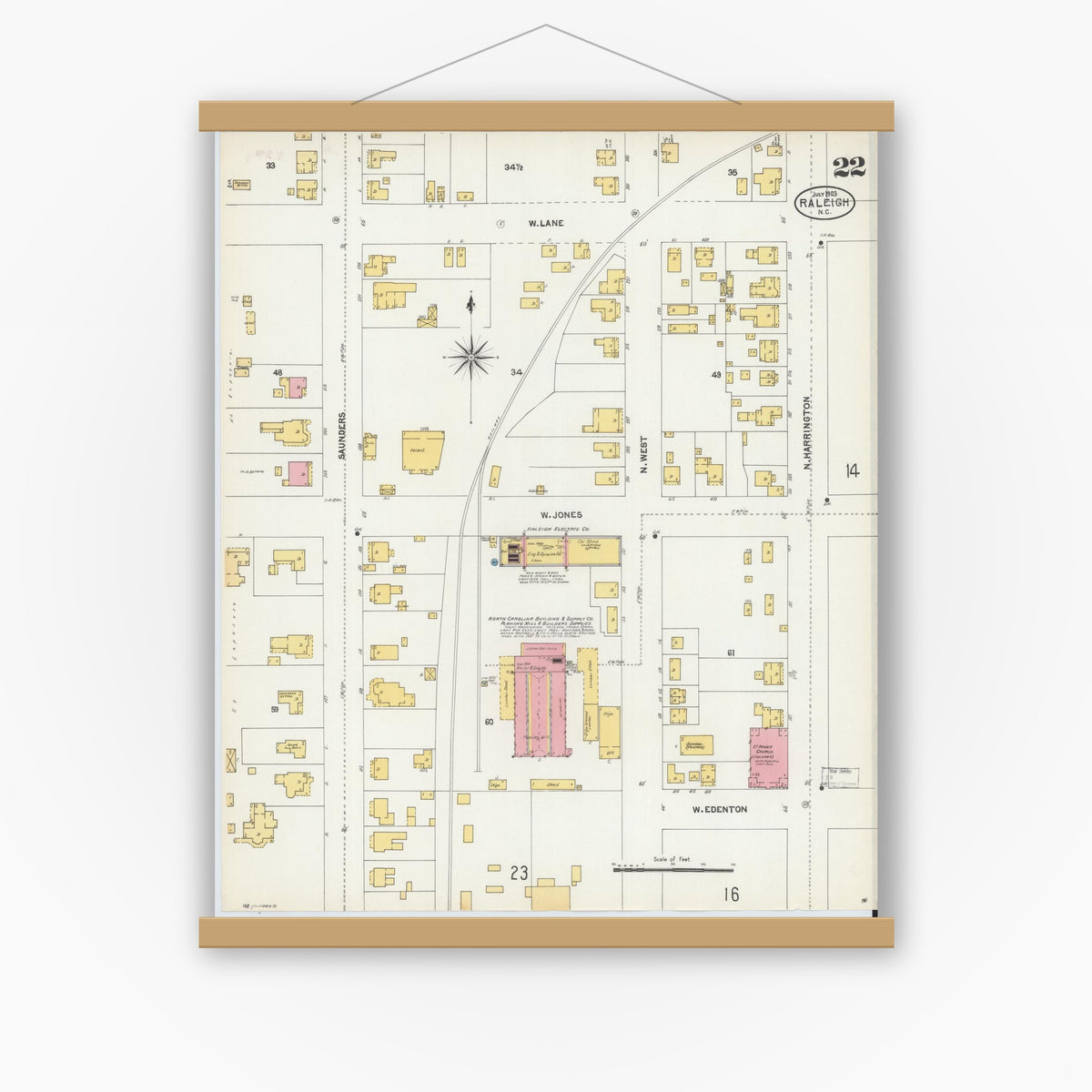 Old map wall art mockup — magnetic wood frame on white wall — Sanborn Fire Insurance Map from Raleigh, Wake County, North Carolina (1903), Sheet #0022