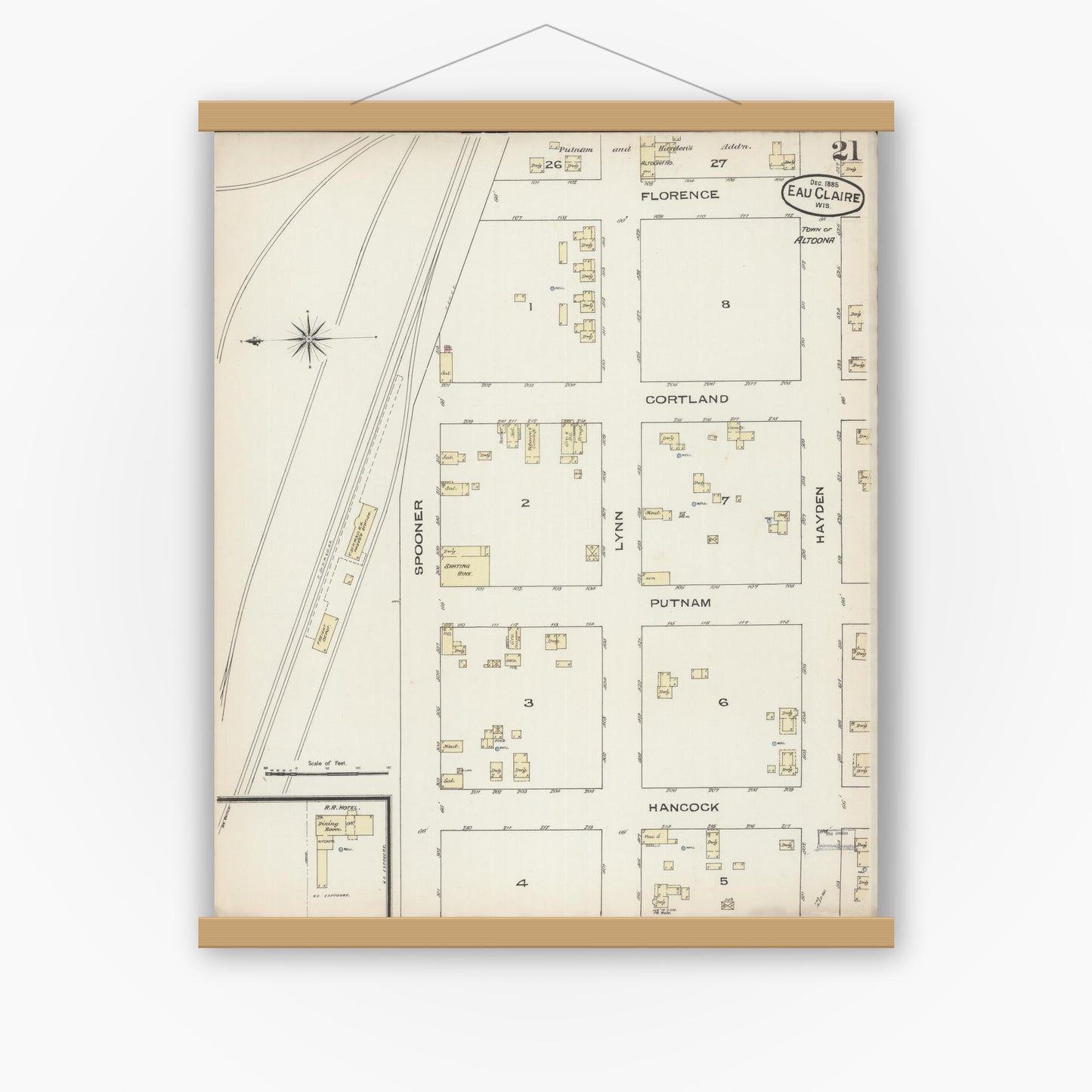 Old map wall art mockup — magnetic wood frame on white wall — Sanborn Fire Insurance Map from Eau Claire, Eau Claire County, Wisconsin (1885), Sheet #0021