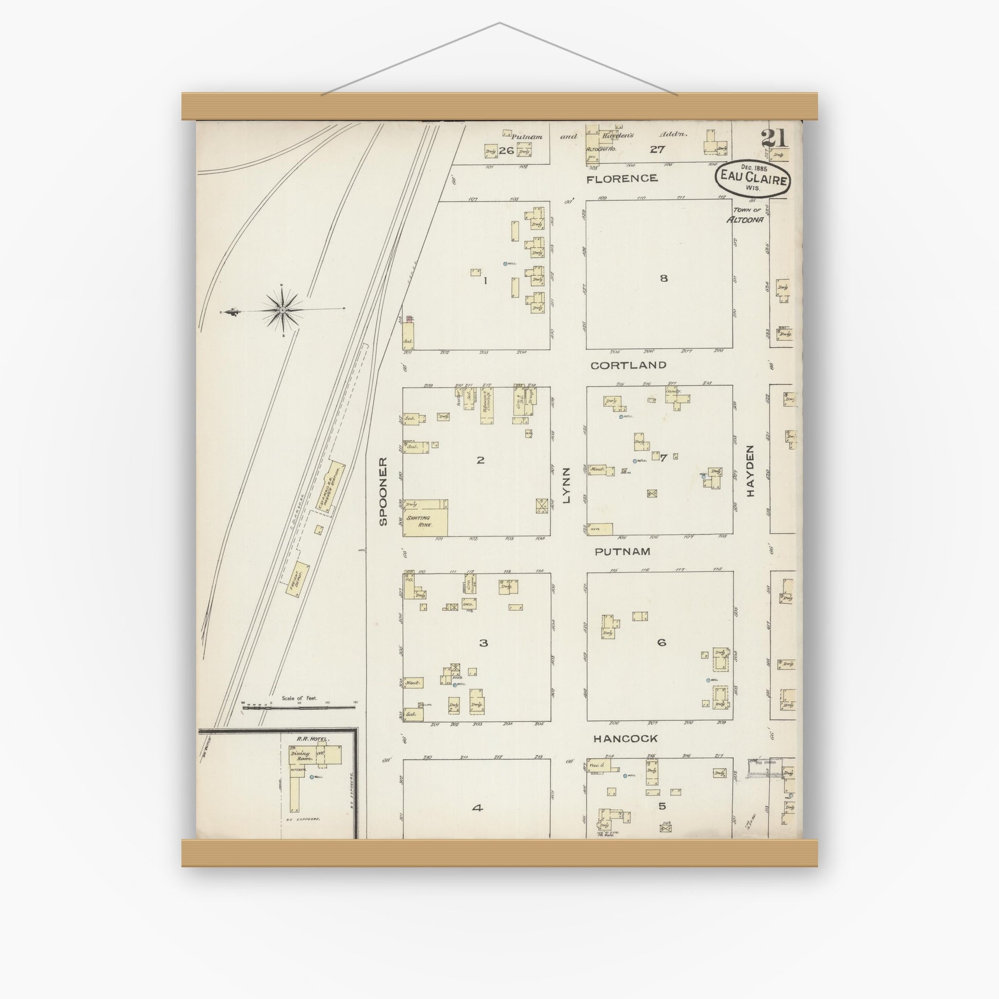 Old map wall art mockup — magnetic wood frame on white wall — Sanborn Fire Insurance Map from Eau Claire, Eau Claire County, Wisconsin (1885), Sheet #0021