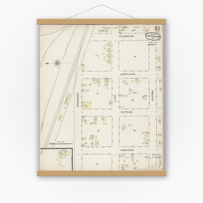 Old map wall art mockup — magnetic wood frame on white wall — Sanborn Fire Insurance Map from Eau Claire, Eau Claire County, Wisconsin (1885), Sheet #0021