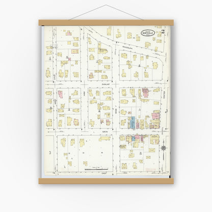 Old map wall art mockup — magnetic wood frame on white wall — Sanborn Fire Insurance Map from Northville, Wayne County, Michigan (1914), Sheet #0002
