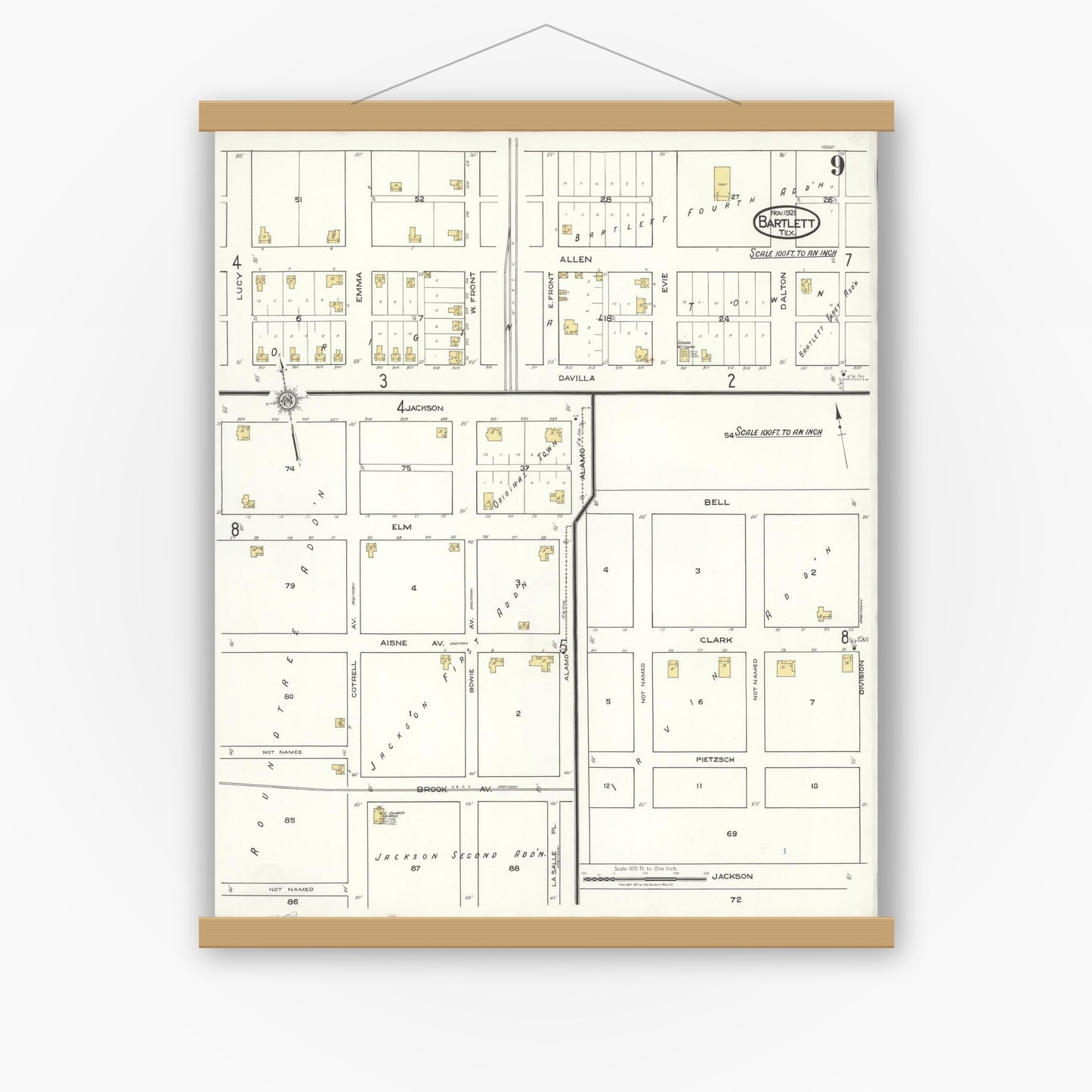Old map wall art mockup — magnetic wood frame on white wall — Sanborn Fire Insurance Map from Bartlett, Bell and Williamson Counties, Texas (1921), Sheet #0009