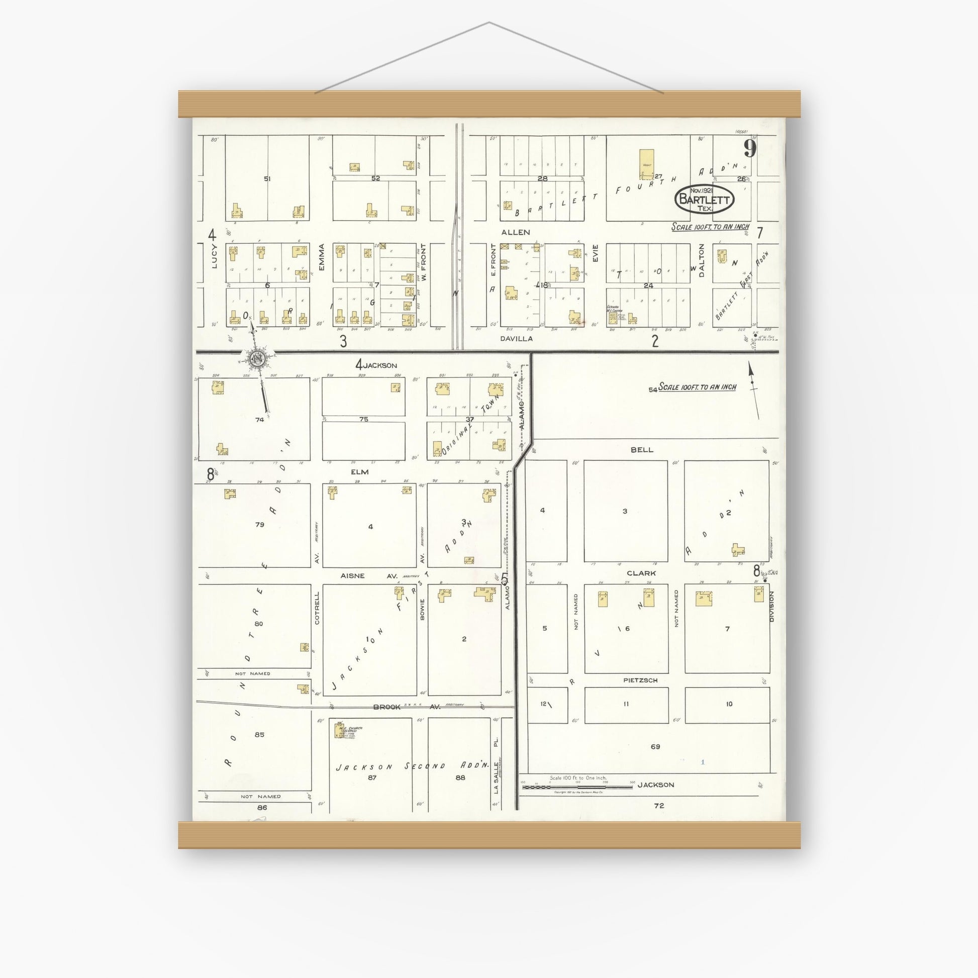 Old map wall art mockup — magnetic wood frame on white wall — Sanborn Fire Insurance Map from Bartlett, Bell and Williamson Counties, Texas (1921), Sheet #0009