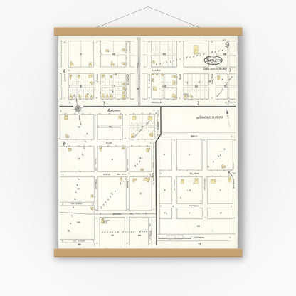Old map wall art mockup — magnetic wood frame on white wall — Sanborn Fire Insurance Map from Bartlett, Bell and Williamson Counties, Texas (1921), Sheet #0009