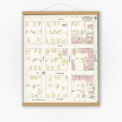 Old map wall art mockup — magnetic wood frame on white wall — Sanborn Fire Insurance Map from Mount Pleasant, Henry County, Iowa (1886), Sheet #0002