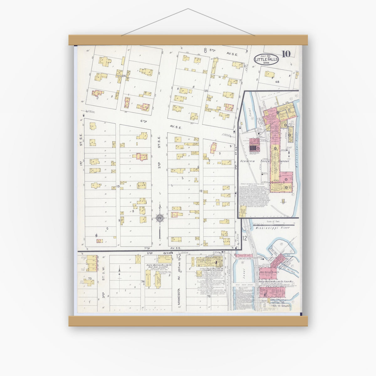 Old map wall art mockup — magnetic wood frame on white wall — Sanborn Fire Insurance Map from Little Falls, Morrison County, Minnesota (1915), Sheet #0010