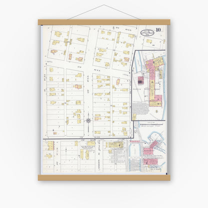 Old map wall art mockup — magnetic wood frame on white wall — Sanborn Fire Insurance Map from Little Falls, Morrison County, Minnesota (1915), Sheet #0010