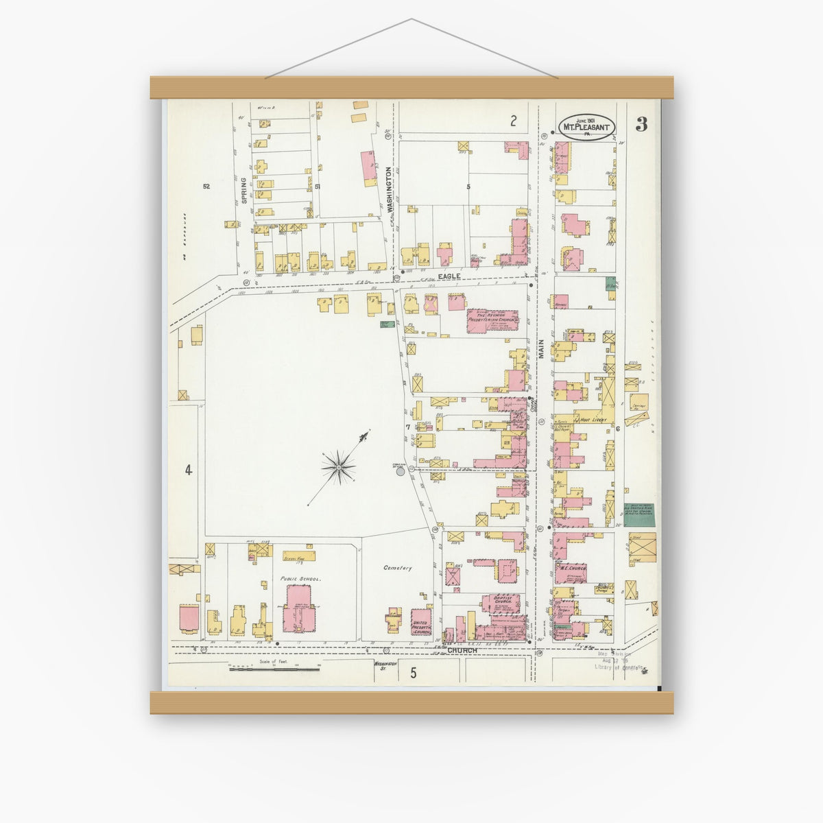Old map wall art mockup — magnetic wood frame on white wall — Sanborn Fire Insurance Map from Mount Pleasant, Westmoreland County, Pennsylvania (1901), Sheet #0003