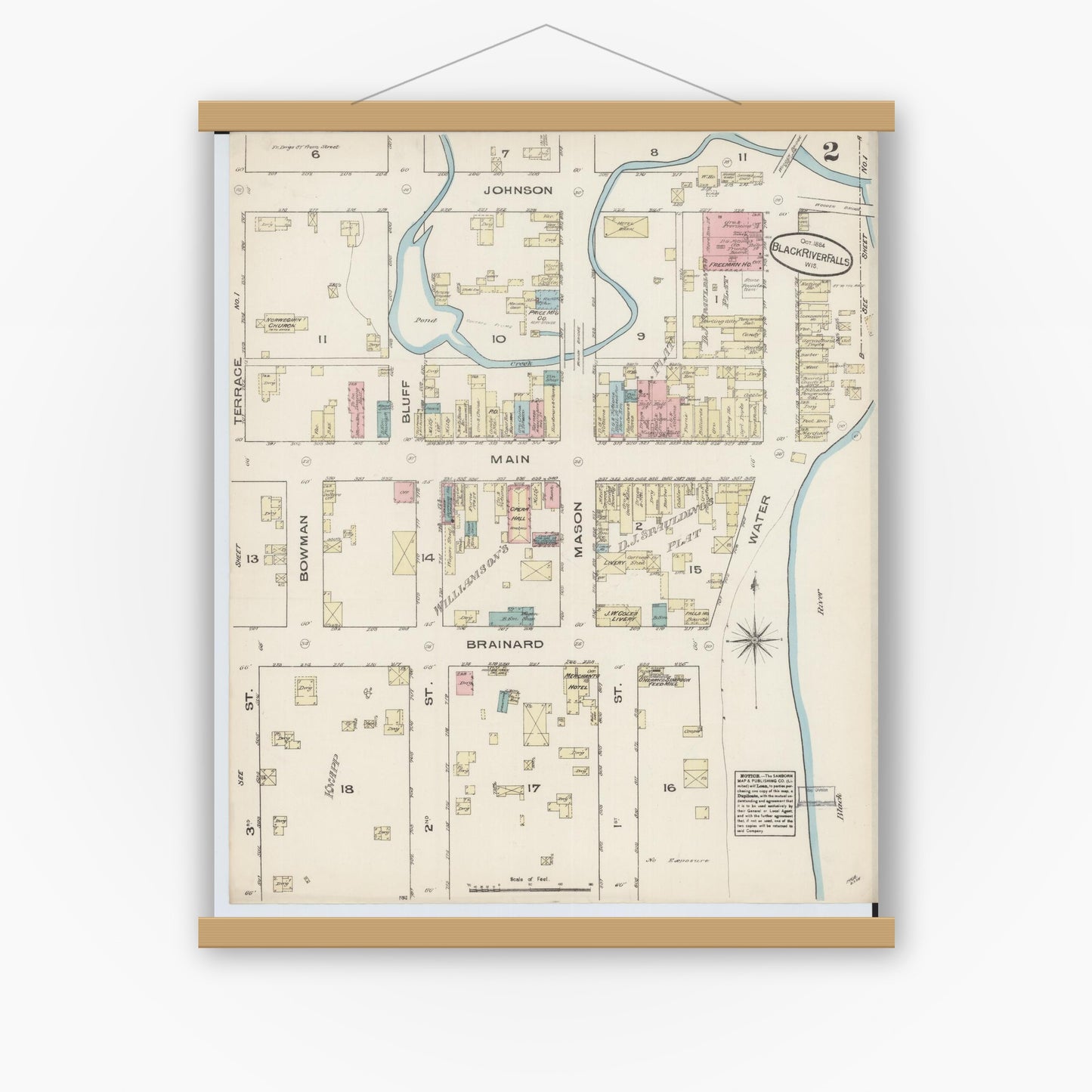 Old map wall art mockup — magnetic wood frame on white wall — Sanborn Fire Insurance Map from Black River Falls, Jackson County, Wisconsin (1884), Sheet #0002