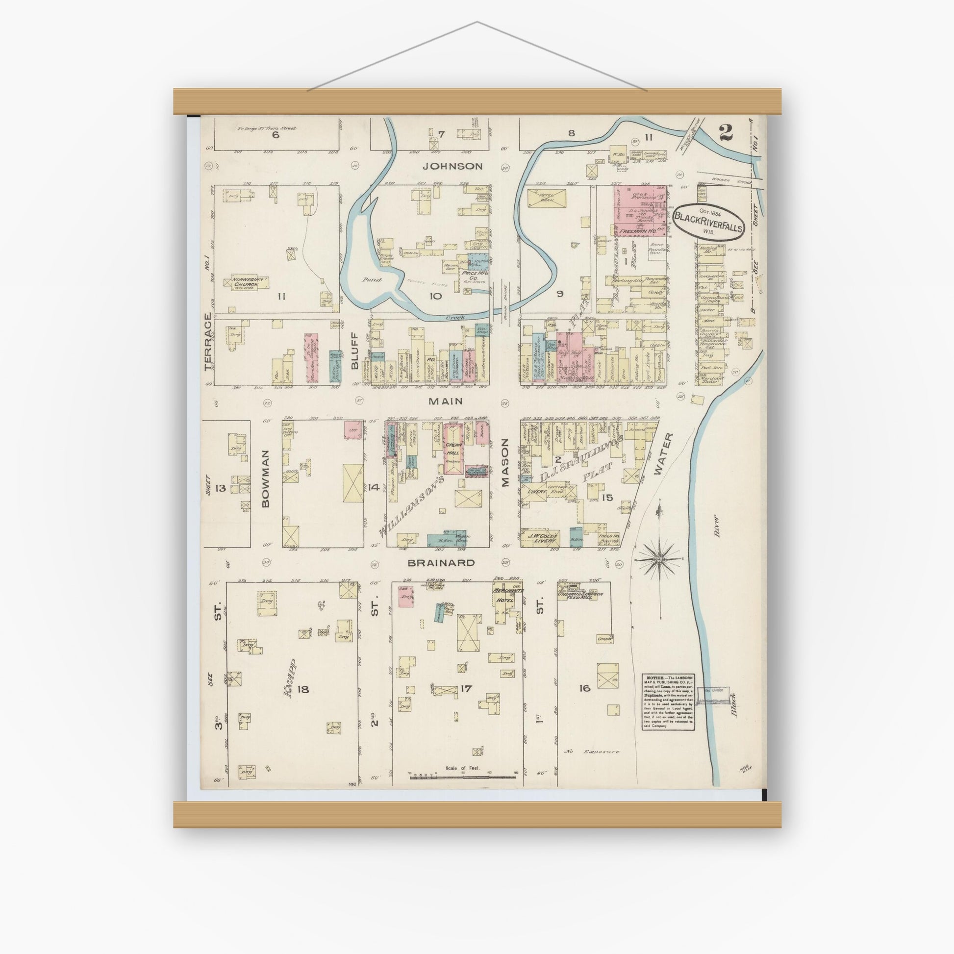 Old map wall art mockup — magnetic wood frame on white wall — Sanborn Fire Insurance Map from Black River Falls, Jackson County, Wisconsin (1884), Sheet #0002