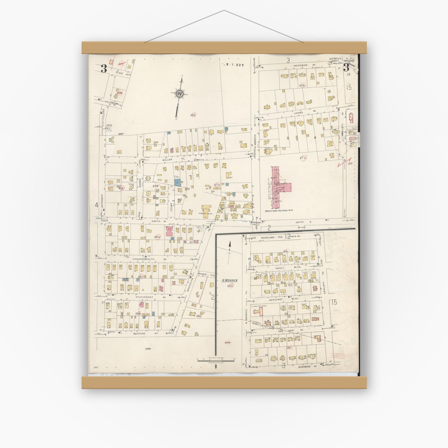 Old map wall art mockup — magnetic wood frame on white wall — Sanborn Fire Insurance Map from Merrick, Nassau County, New York (1947), Sheet #0003