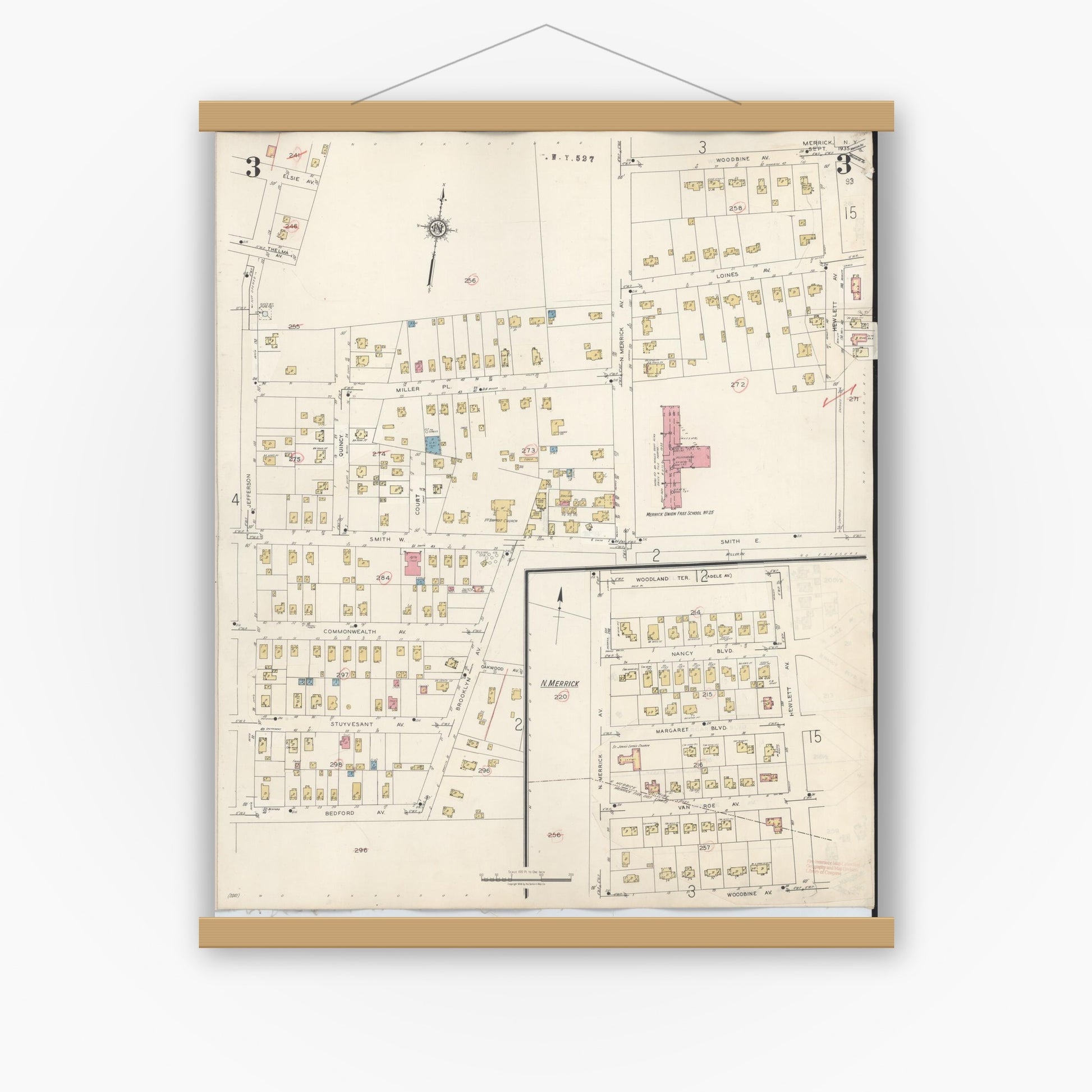 Old map wall art mockup — magnetic wood frame on white wall — Sanborn Fire Insurance Map from Merrick, Nassau County, New York (1947), Sheet #0003