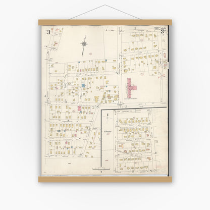 Old map wall art mockup — magnetic wood frame on white wall — Sanborn Fire Insurance Map from Merrick, Nassau County, New York (1947), Sheet #0003