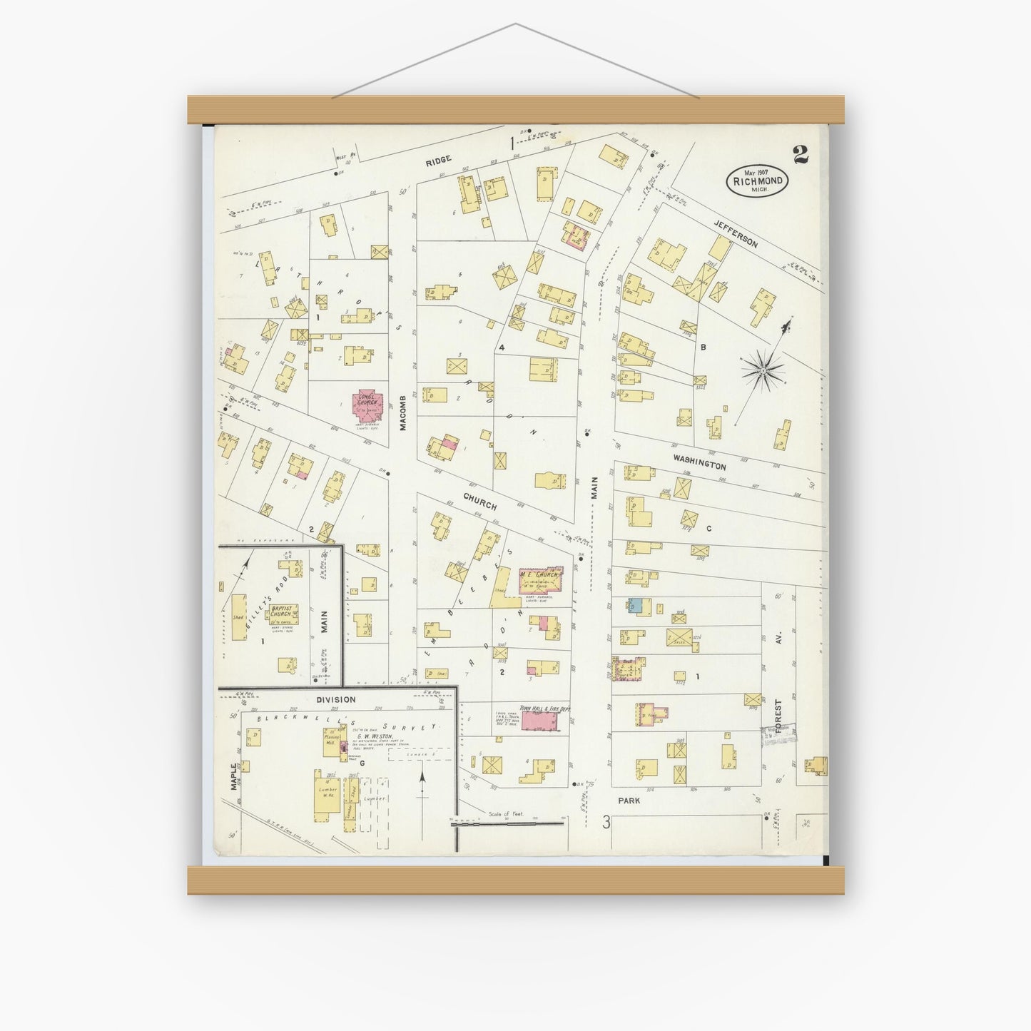 Old map wall art mockup — magnetic wood frame on white wall — Sanborn Fire Insurance Map from Richmond, Macomb County, Michigan (1907), Sheet #0002