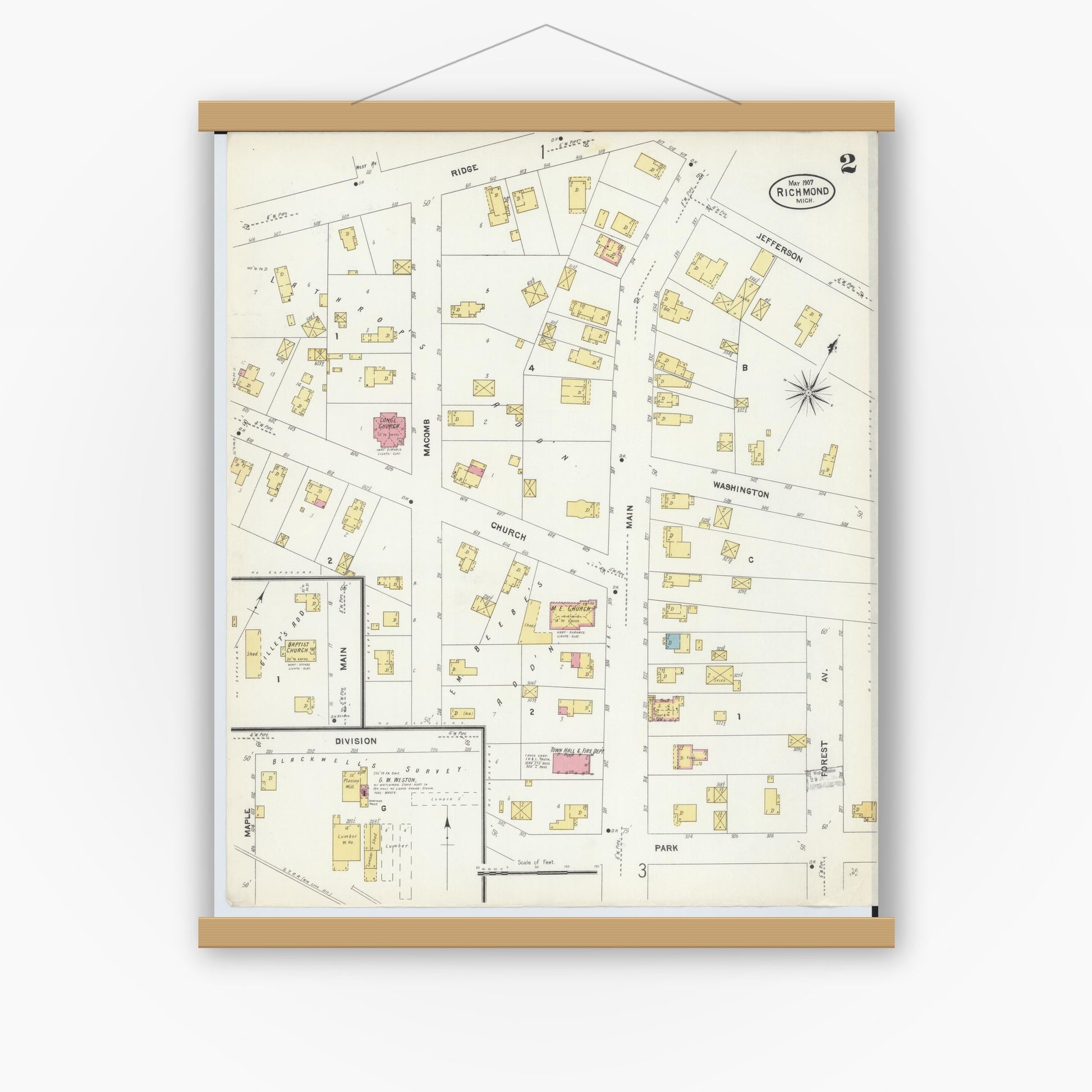 Old map wall art mockup — magnetic wood frame on white wall — Sanborn Fire Insurance Map from Richmond, Macomb County, Michigan (1907), Sheet #0002