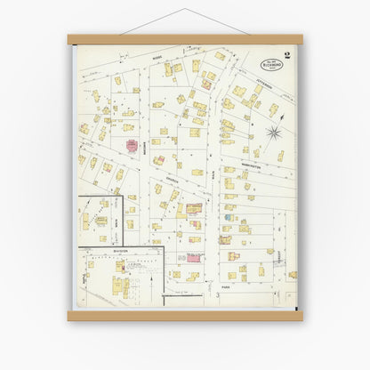 Old map wall art mockup — magnetic wood frame on white wall — Sanborn Fire Insurance Map from Richmond, Macomb County, Michigan (1907), Sheet #0002
