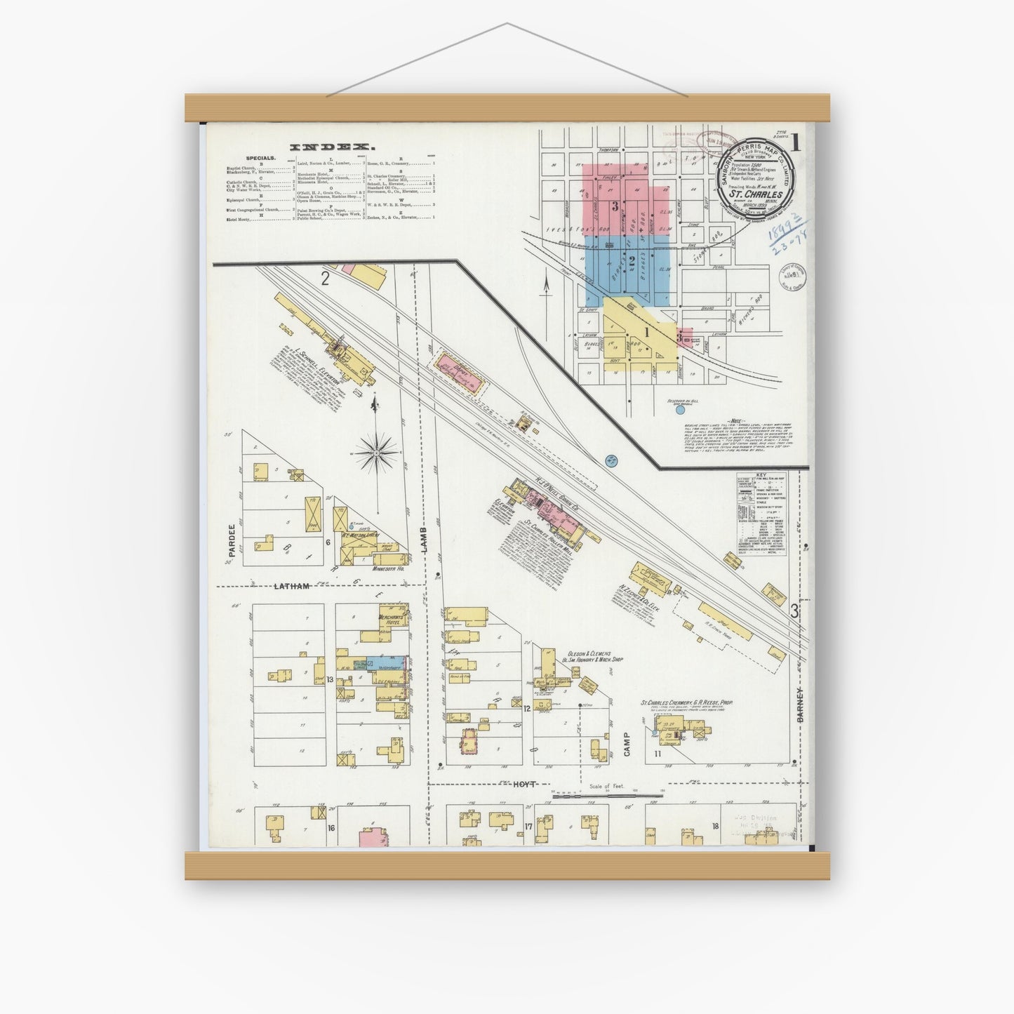 Old map wall art mockup — magnetic wood frame on white wall — Sanborn Fire Insurance Map from Saint Charles, Winona County, Minnesota (1899) - Complete Map Set