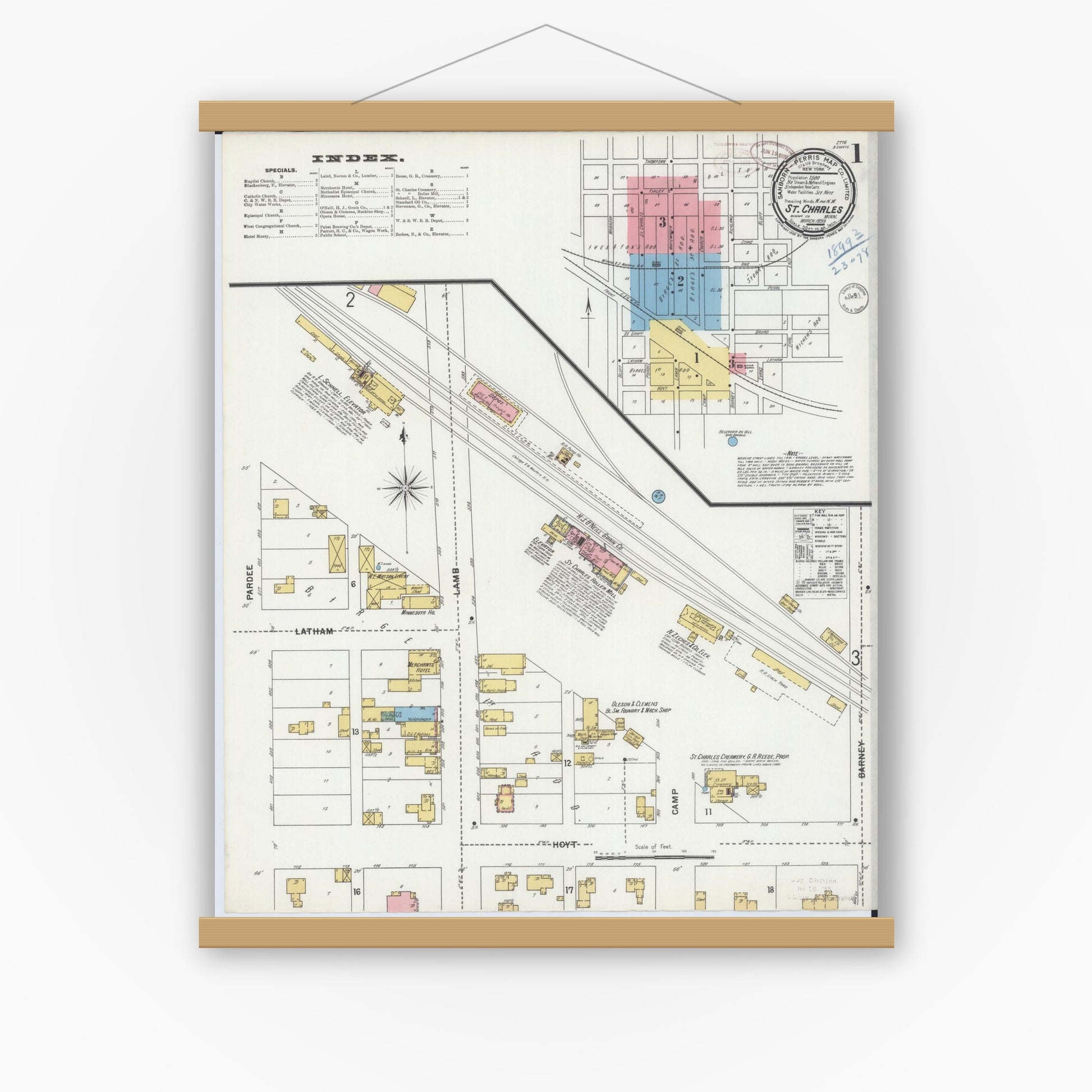 Old map wall art mockup — magnetic wood frame on white wall — Sanborn Fire Insurance Map from Saint Charles, Winona County, Minnesota (1899) - Complete Map Set