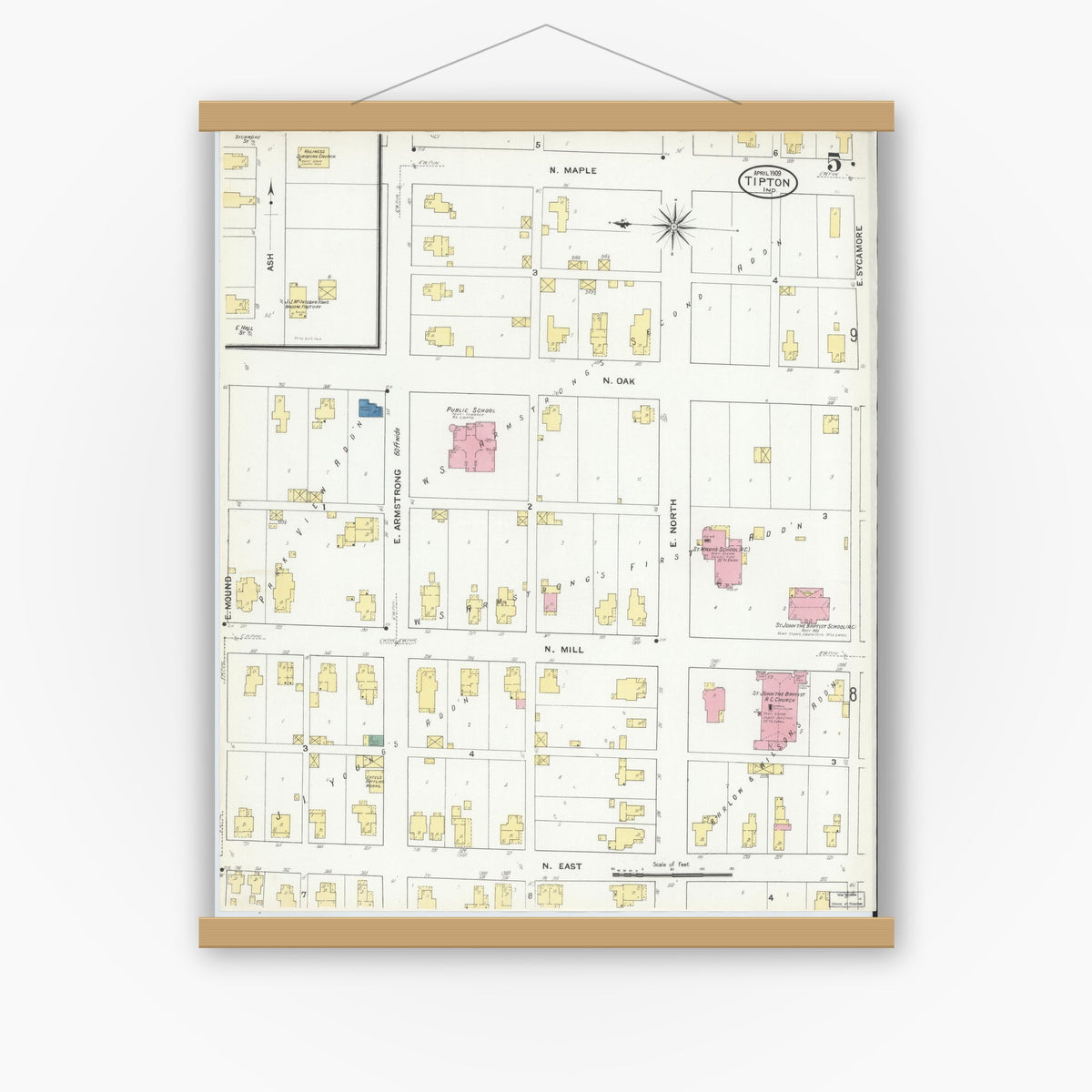 Old map wall art mockup — magnetic wood frame on white wall — Sanborn Fire Insurance Map from Tipton, Tipton County, Indiana (1909), Sheet #0005