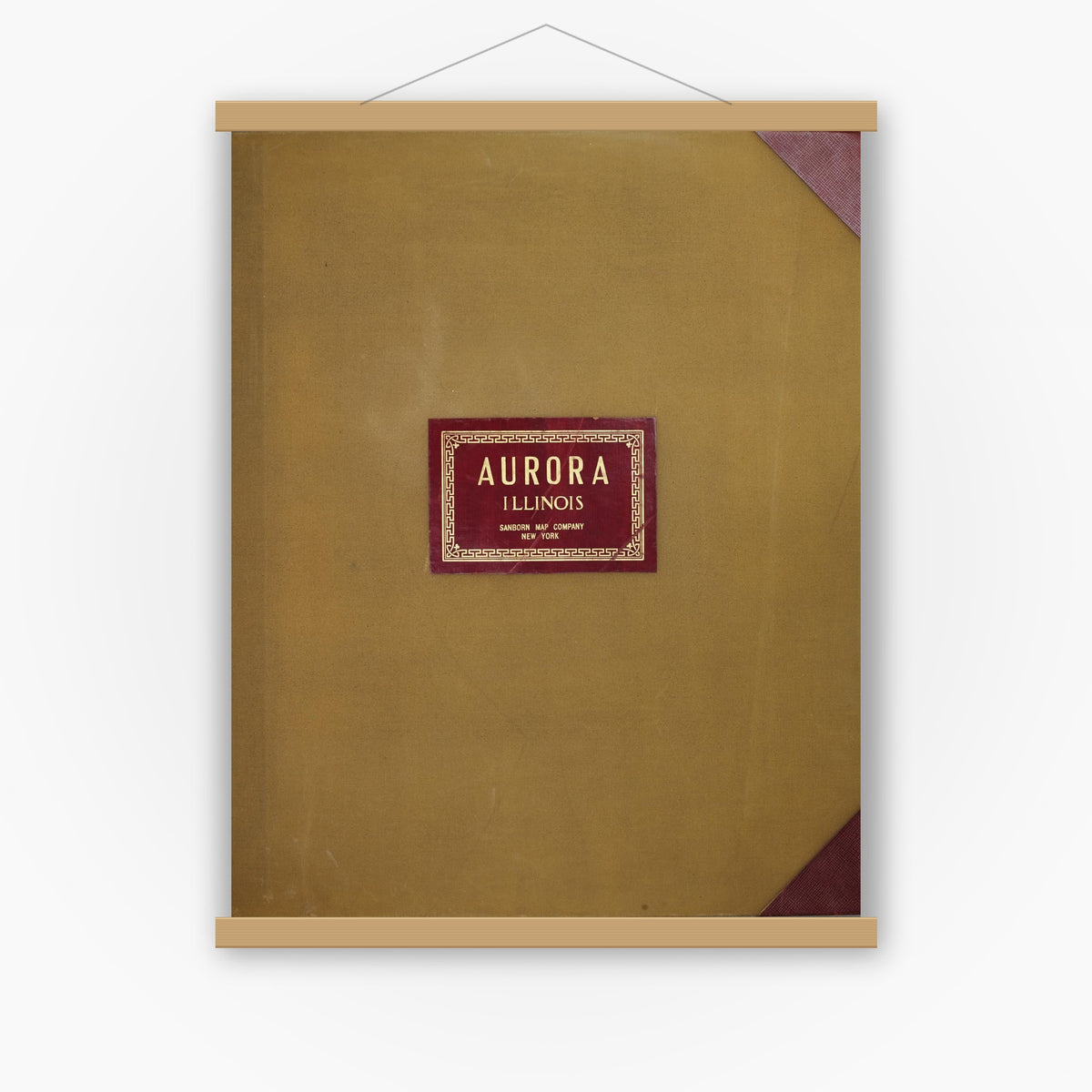 Old map wall art mockup — magnetic wood frame on white wall — Sanborn Fire Insurance Map from Aurora, Kane County, Illinois (1950), Sheet #0001