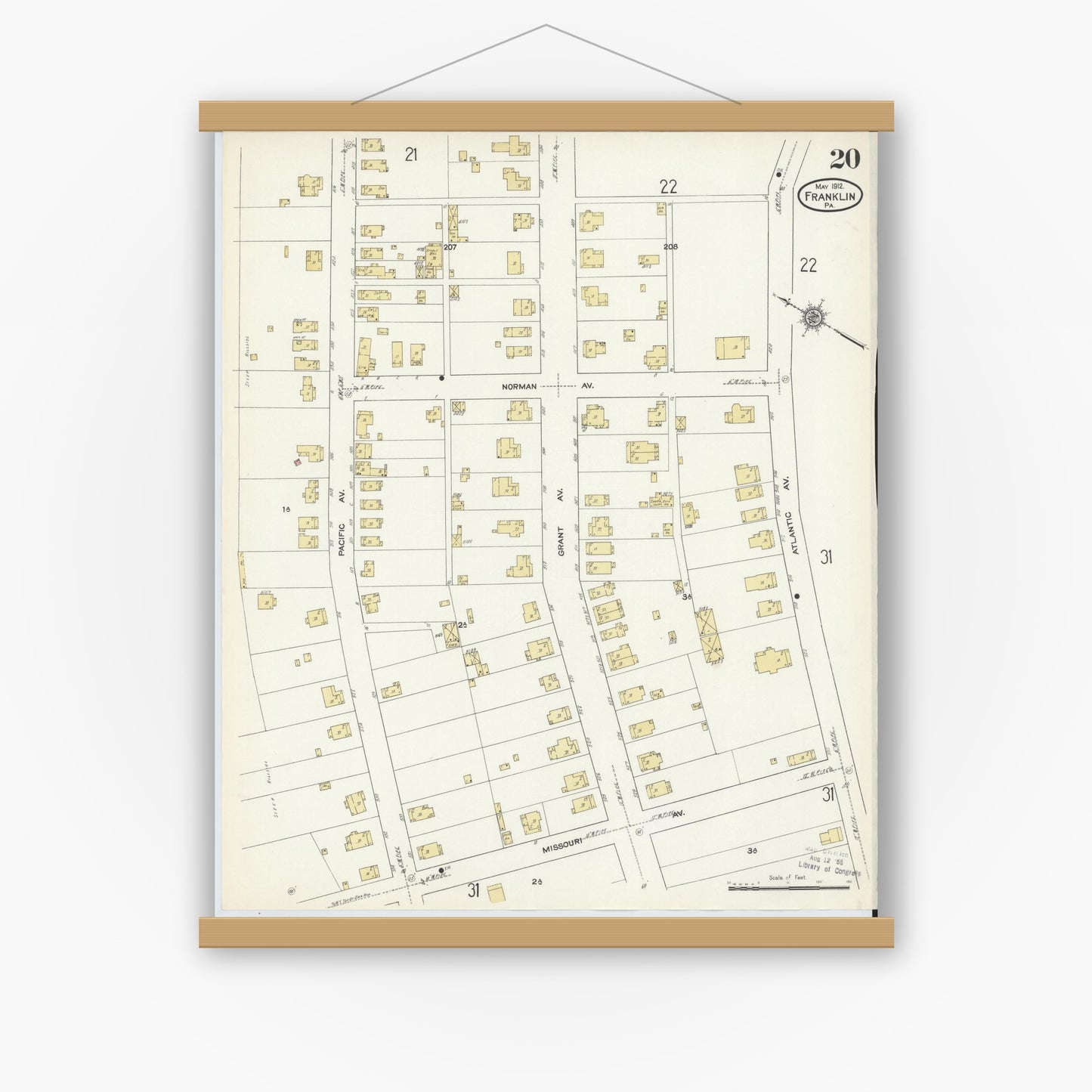 Old map wall art mockup — magnetic wood frame on white wall — Sanborn Fire Insurance Map from Franklin, Venango County, Pennsylvania (1912), Sheet #0020