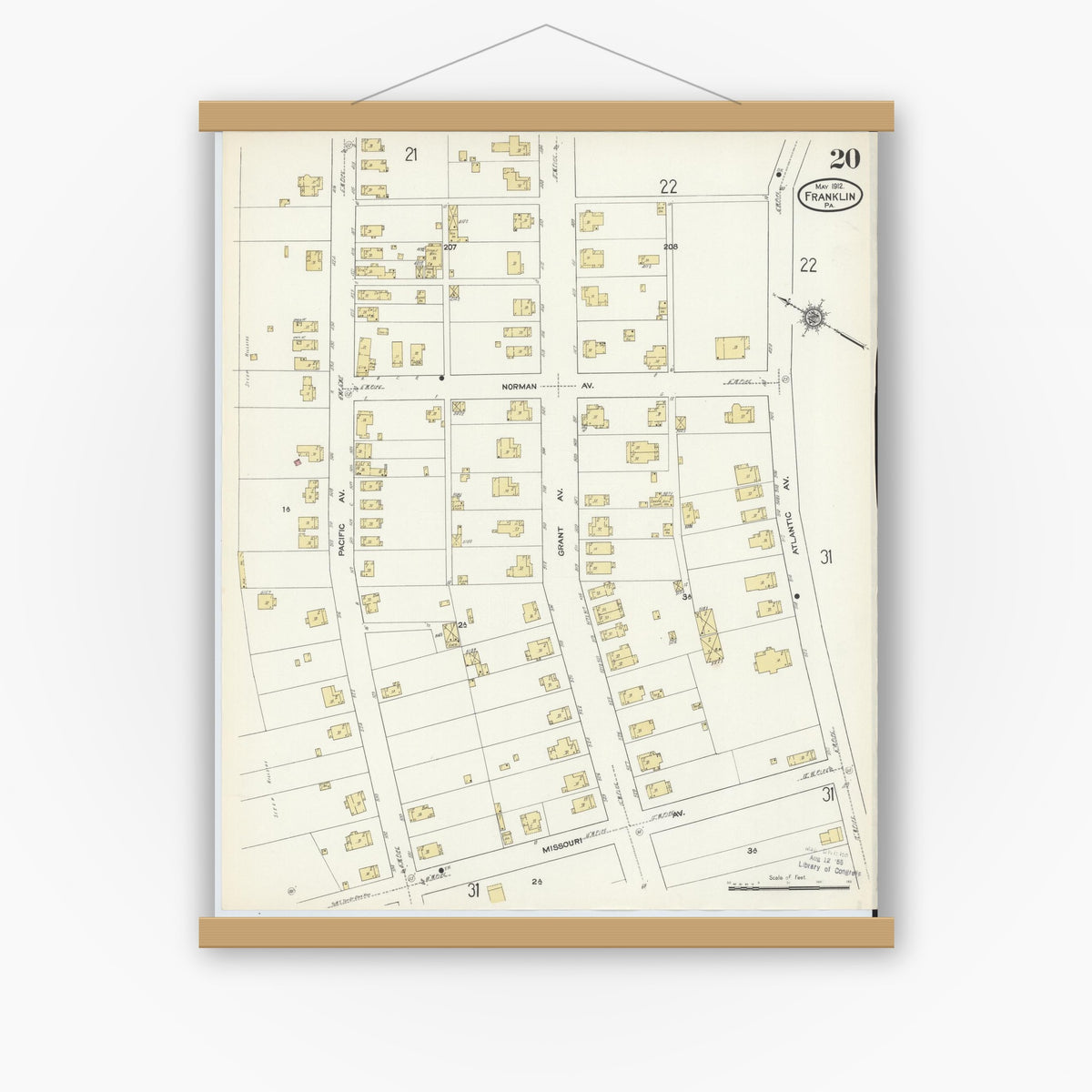 Old map wall art mockup — magnetic wood frame on white wall — Sanborn Fire Insurance Map from Franklin, Venango County, Pennsylvania (1912), Sheet #0020