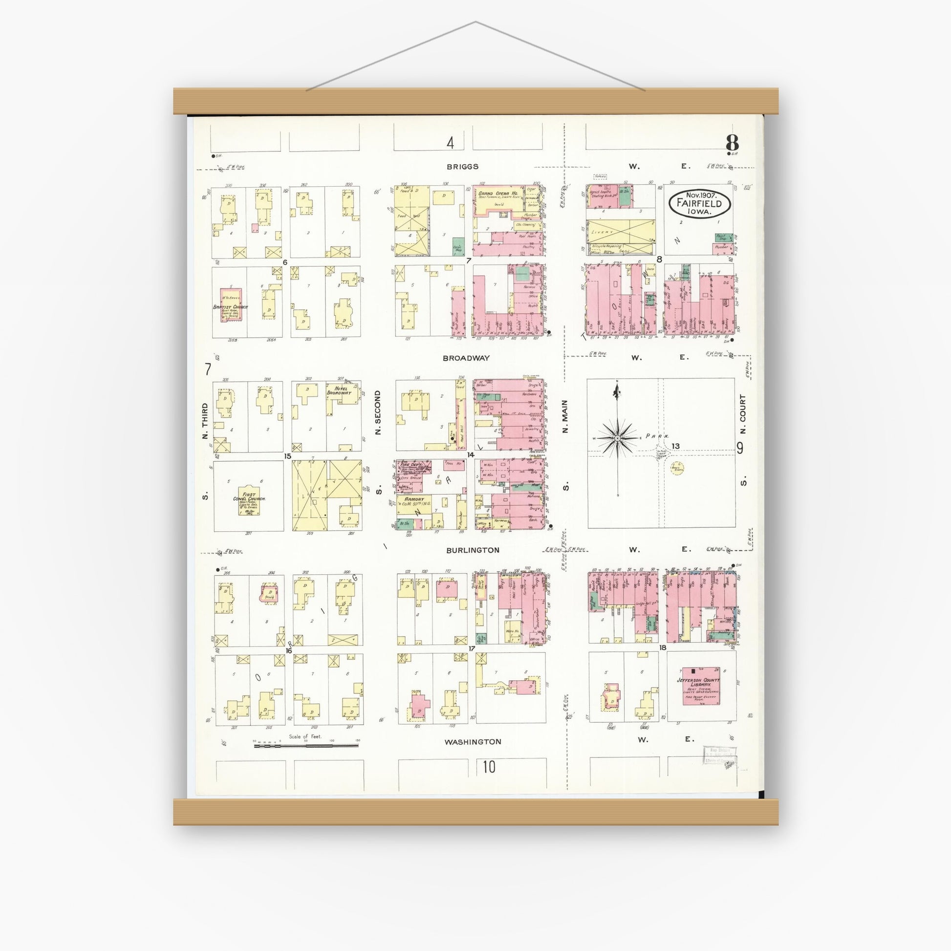 Old map wall art mockup — magnetic wood frame on white wall — Sanborn Fire Insurance Map from Fairfield, Jefferson County, Iowa (1907), Sheet #0008