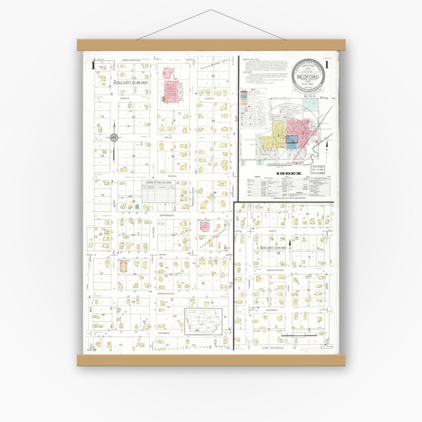 Old map wall art mockup — magnetic wood frame on white wall — Sanborn Fire Insurance Map from Bedford, Taylor County, Iowa (1933) â€” Complete Set