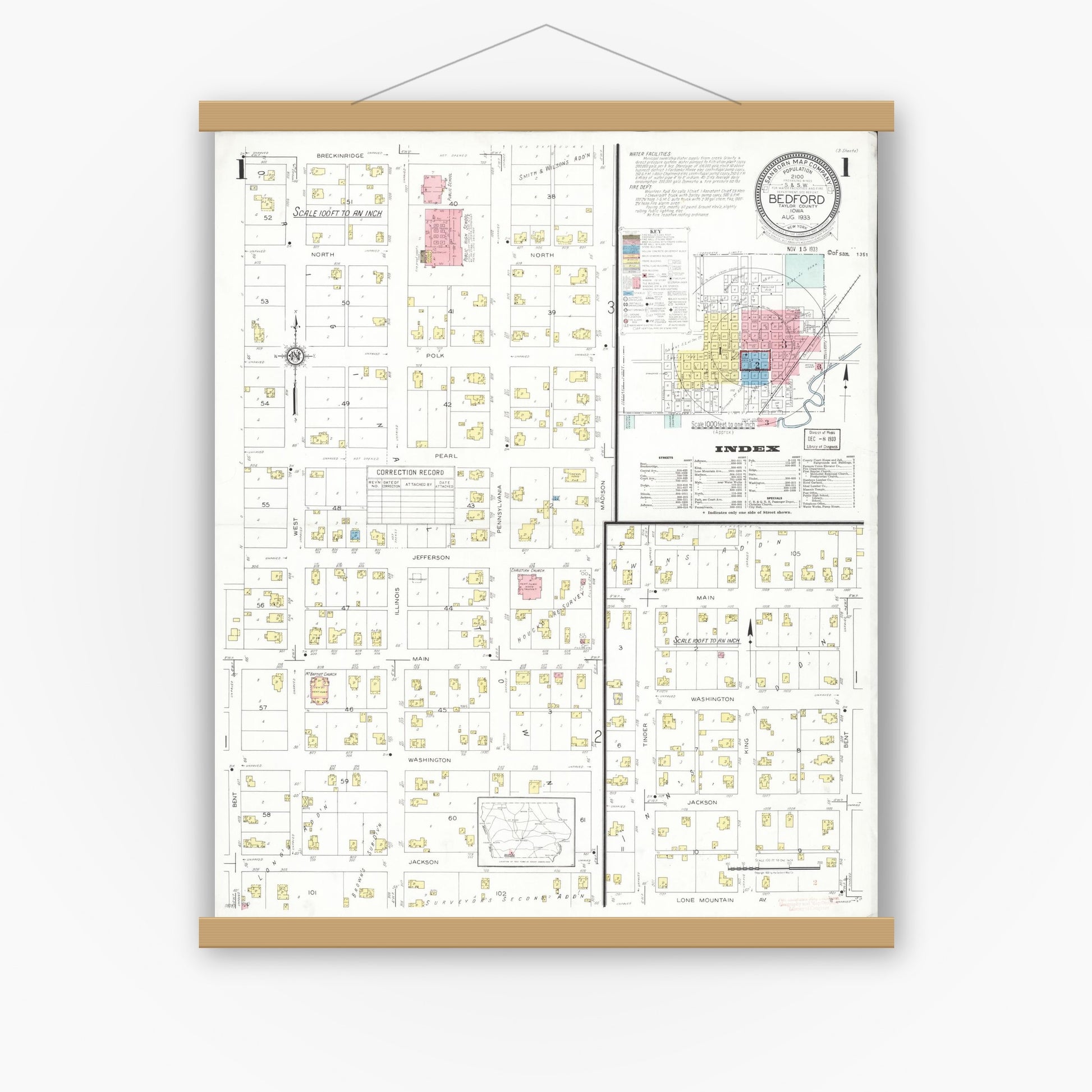 Old map wall art mockup — magnetic wood frame on white wall — Sanborn Fire Insurance Map from Bedford, Taylor County, Iowa (1933) â€” Complete Set