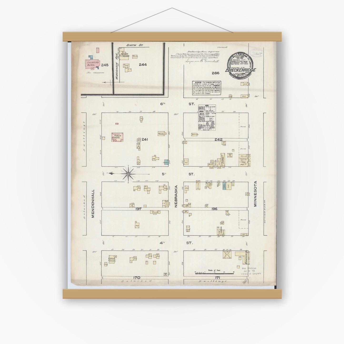 Old map wall art mockup — magnetic wood frame on white wall — Sanborn Fire Insurance Map from Breckenridge, Wilkin County, Minnesota (1884), Sheet #0001