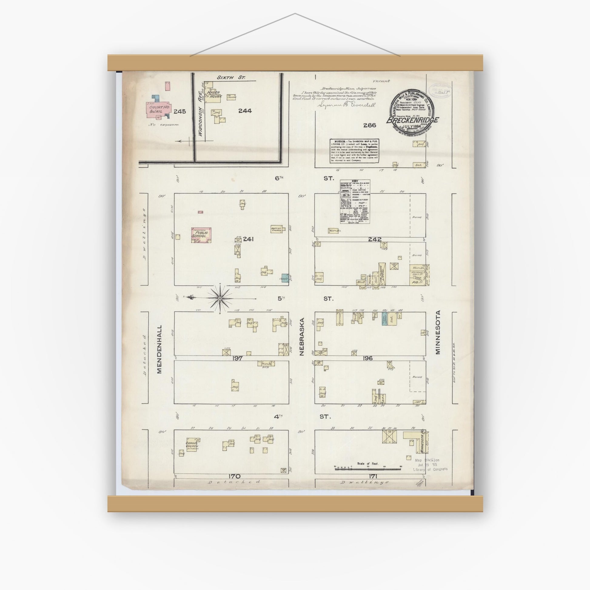 Old map wall art mockup — magnetic wood frame on white wall — Sanborn Fire Insurance Map from Breckenridge, Wilkin County, Minnesota (1884), Sheet #0001