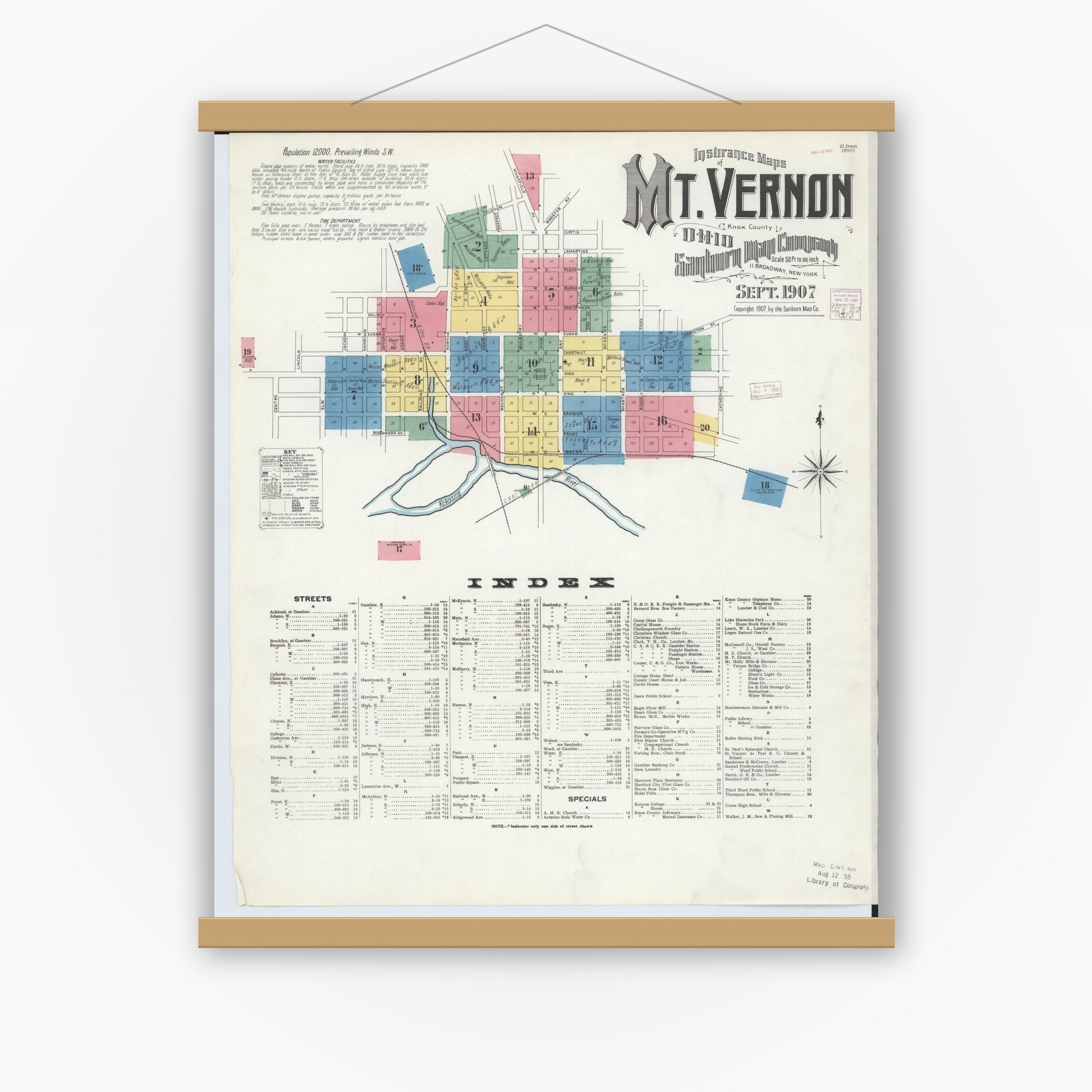 Old map wall art mockup — magnetic wood frame on white wall — Sanborn Fire Insurance Map from Mount Vernon, Knox County, Ohio (1907) - Complete Map Set