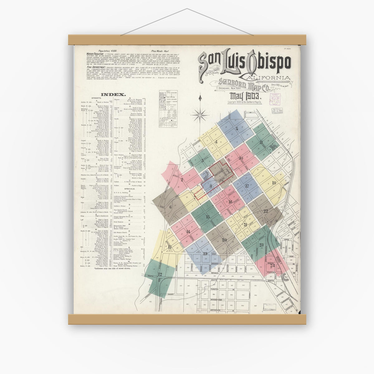 Old map wall art mockup — magnetic wood frame on white wall — Sanborn Fire Insurance Map from San Luis Obispo, San Luis Obispo County, California (1903) - Complete Map Set