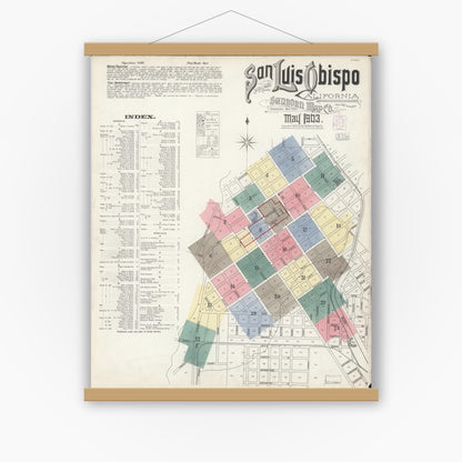 Old map wall art mockup — magnetic wood frame on white wall — Sanborn Fire Insurance Map from San Luis Obispo, San Luis Obispo County, California (1903) - Complete Map Set