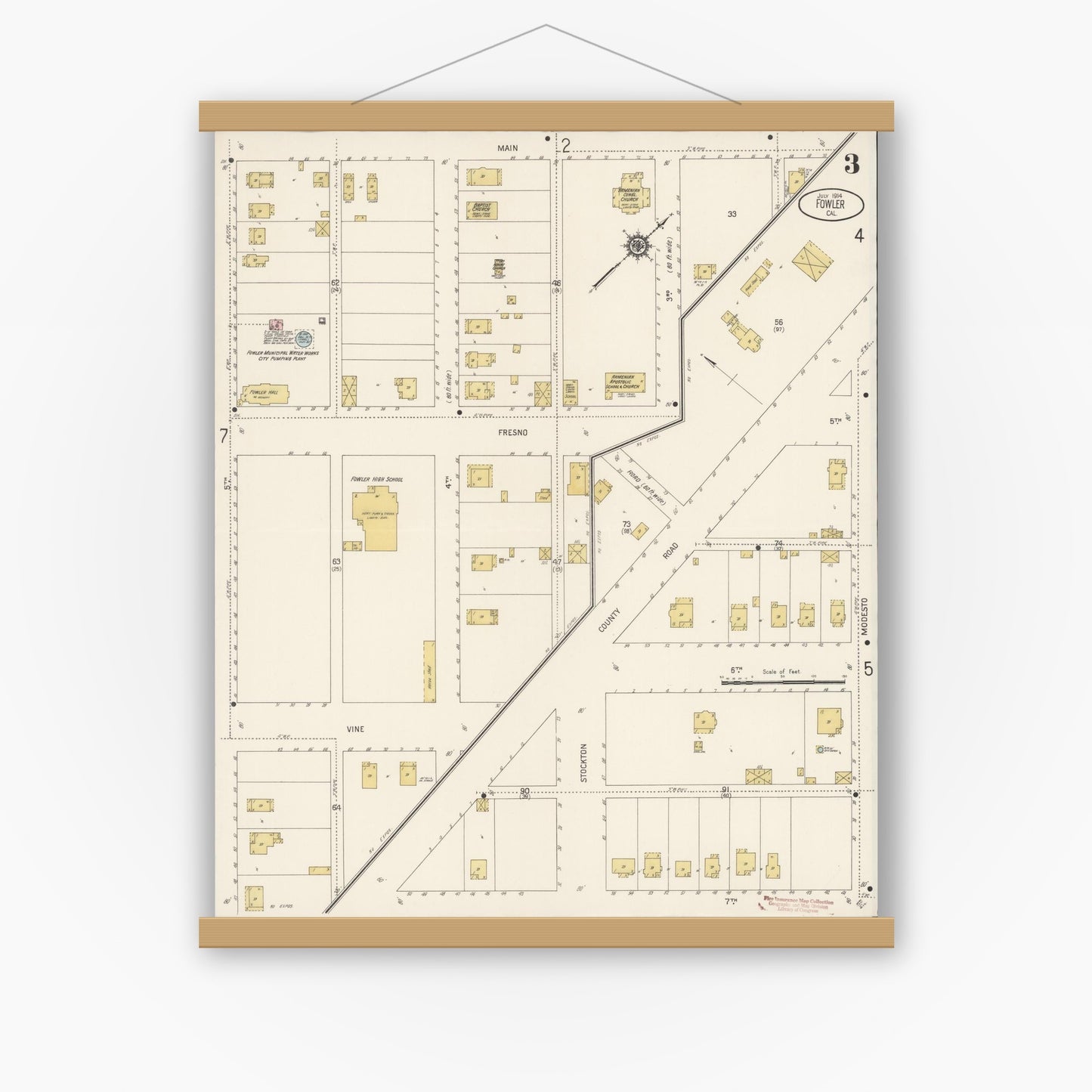 Old map wall art mockup — magnetic wood frame on white wall — Sanborn Fire Insurance Map from Fowler, Fresno County, California (1914), Sheet #0003