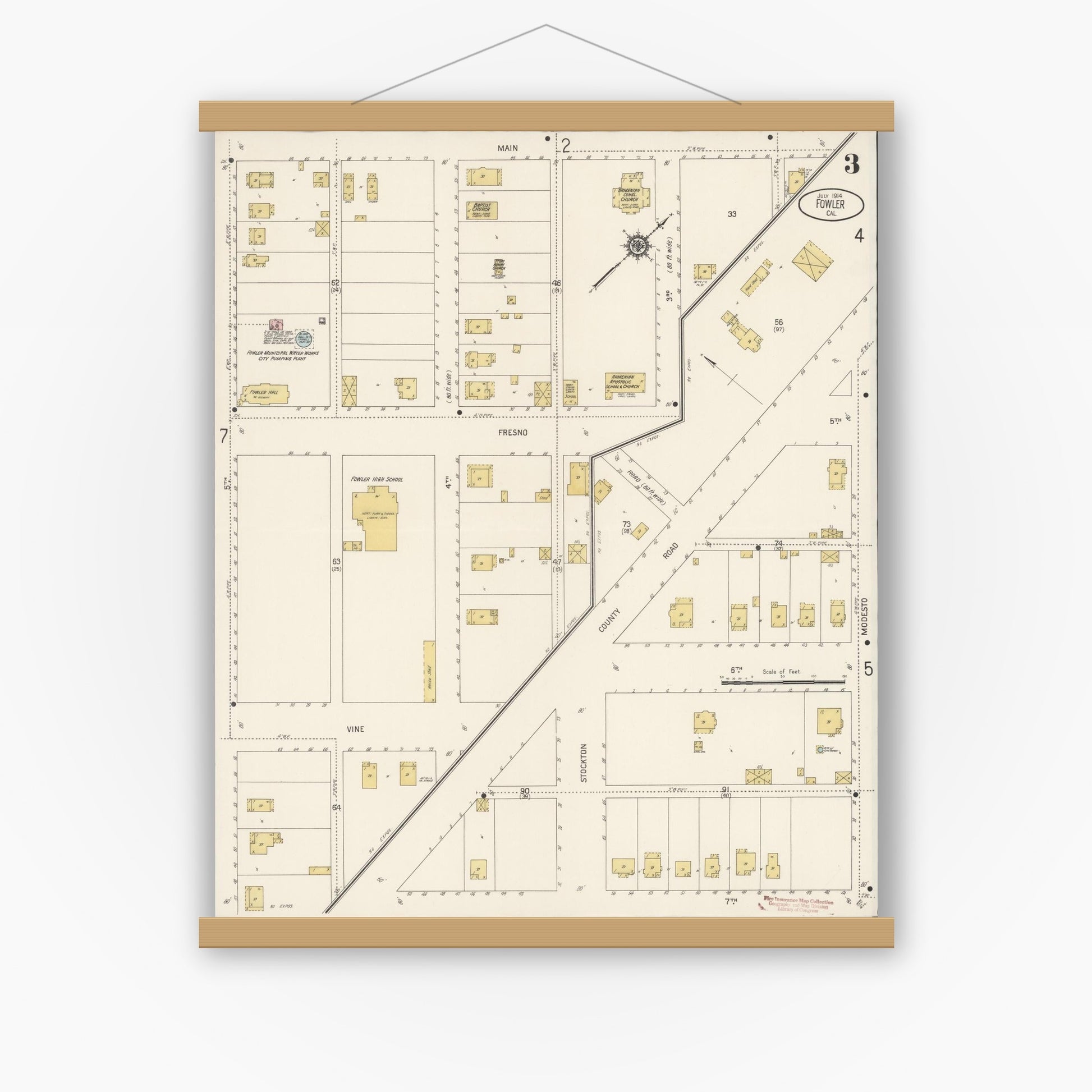 Old map wall art mockup — magnetic wood frame on white wall — Sanborn Fire Insurance Map from Fowler, Fresno County, California (1914), Sheet #0003
