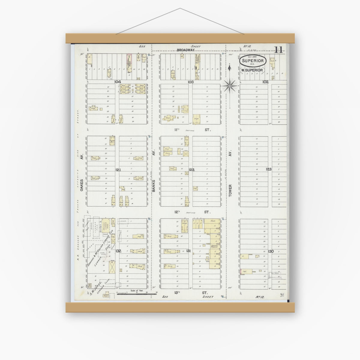 Old map wall art mockup — magnetic wood frame on white wall — Sanborn Fire Insurance Map from Superior, Douglas County, Wisconsin (1887), Sheet #0011