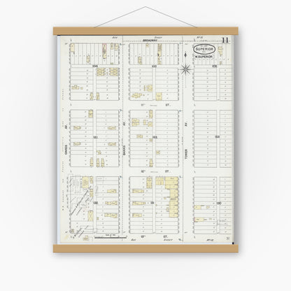 Old map wall art mockup — magnetic wood frame on white wall — Sanborn Fire Insurance Map from Superior, Douglas County, Wisconsin (1887), Sheet #0011