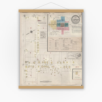 Old map wall art mockup — magnetic wood frame on white wall — Sanborn Fire Insurance Map from La Grange, Lenoir County, North Carolina (1944), Sheet #0001