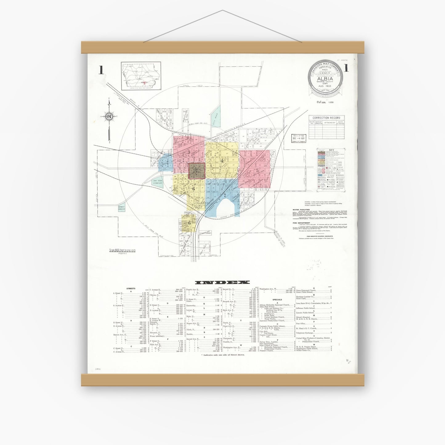 Old map wall art mockup — magnetic wood frame on white wall — Sanborn Fire Insurance Map from Albia, Monroe County, Iowa (1933) â€” Complete Set