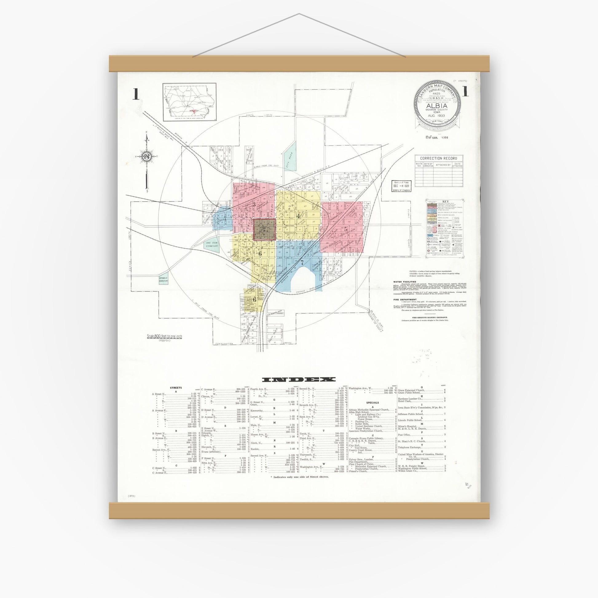 Old map wall art mockup — magnetic wood frame on white wall — Sanborn Fire Insurance Map from Albia, Monroe County, Iowa (1933) â€” Complete Set