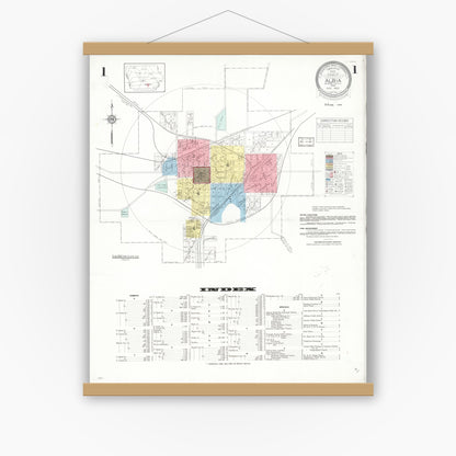 Old map wall art mockup — magnetic wood frame on white wall — Sanborn Fire Insurance Map from Albia, Monroe County, Iowa (1933) â€” Complete Set