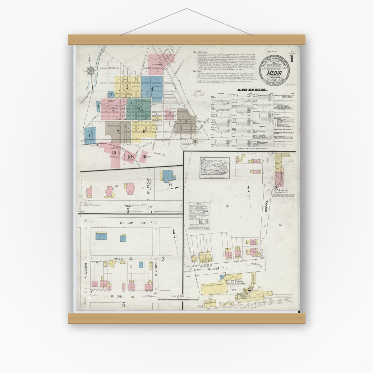 Old map wall art mockup — magnetic wood frame on white wall — Sanborn Fire Insurance Map from Media, Delaware County, Pennsylvania (1912), Sheet #0001