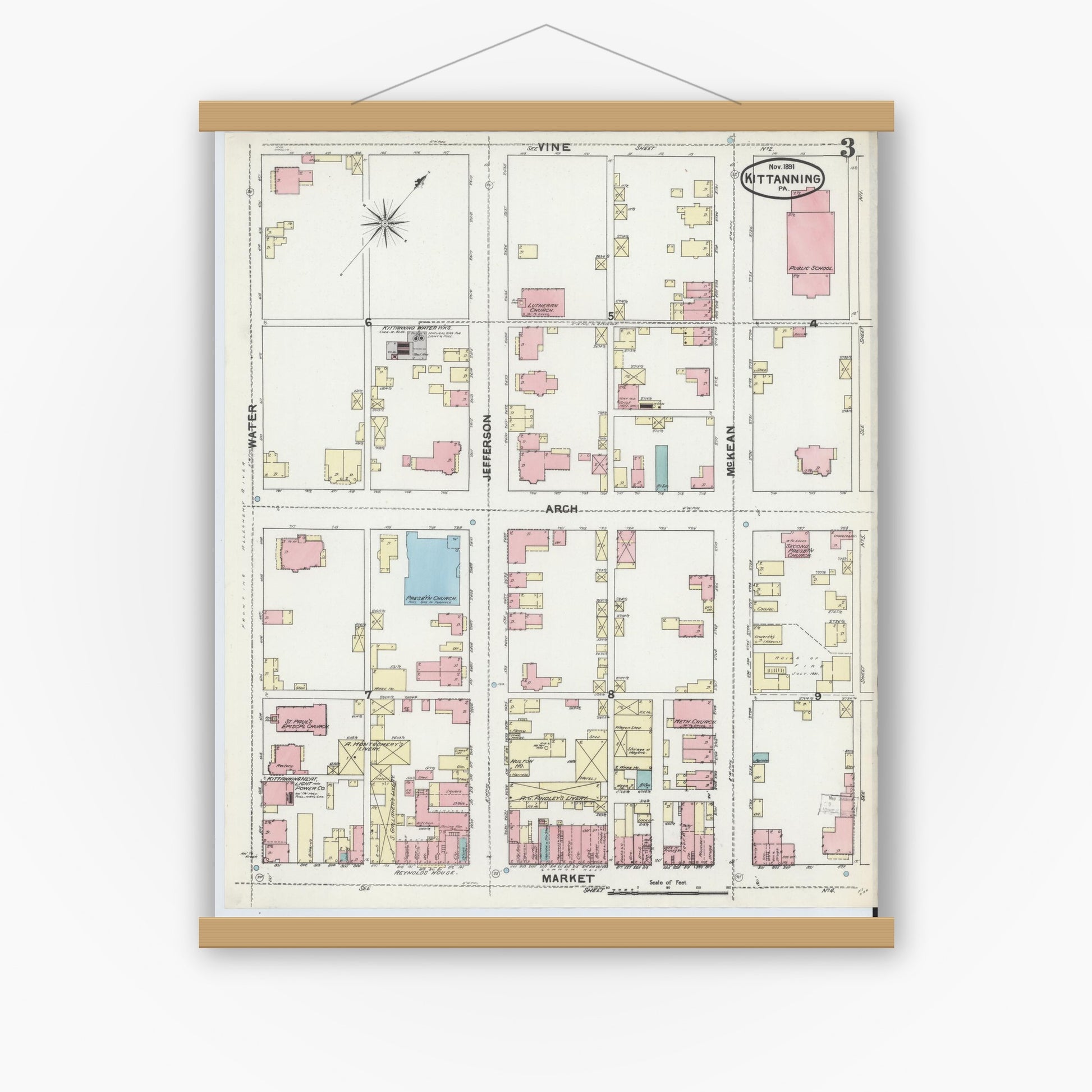 Old map wall art mockup — magnetic wood frame on white wall — Sanborn Fire Insurance Map from Kittanning, Armstrong County, Pennsylvania (1891), Sheet #0003