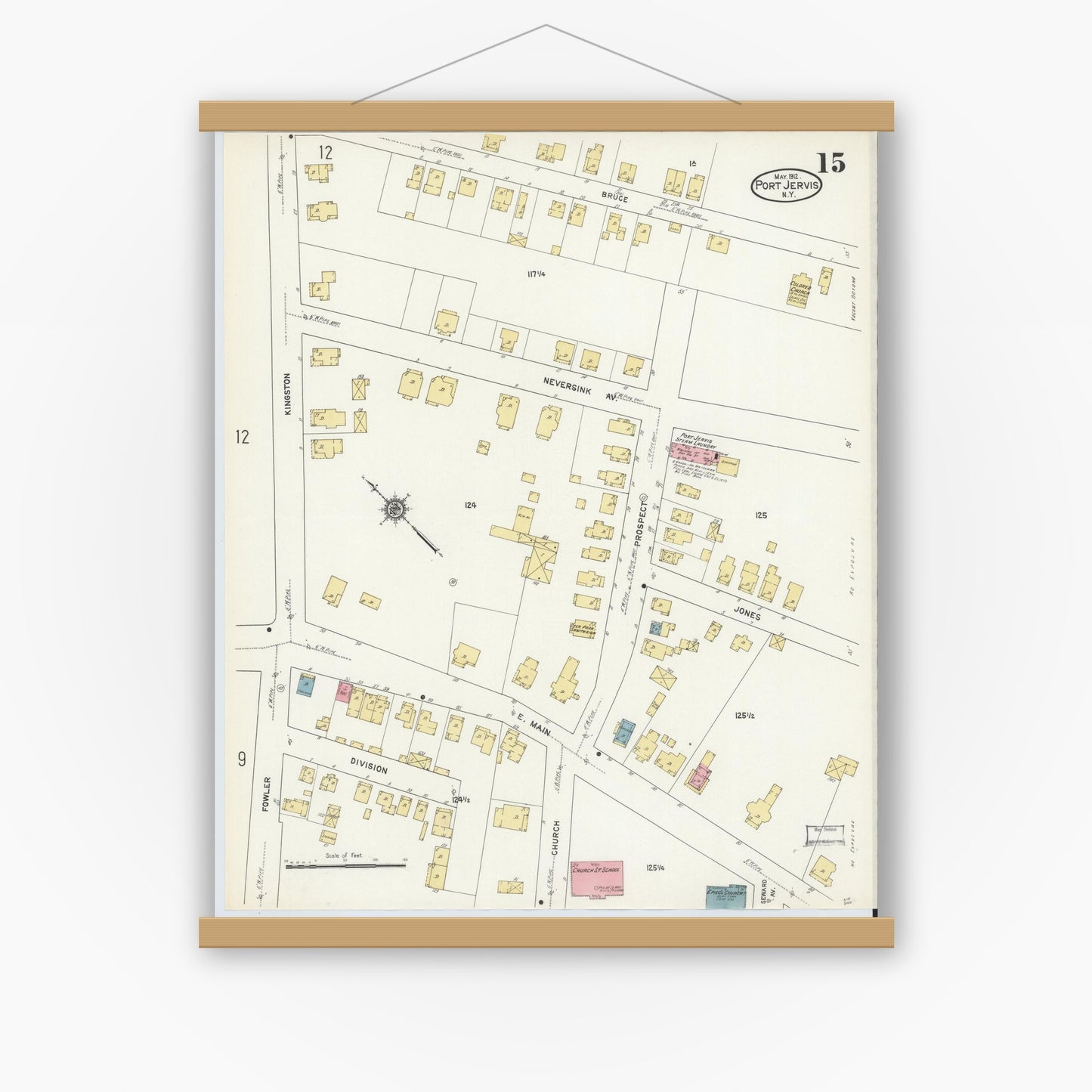 Old map wall art mockup — magnetic wood frame on white wall — Sanborn Fire Insurance Map from Port Jervis, Orange County, New York (1912), Sheet #0015
