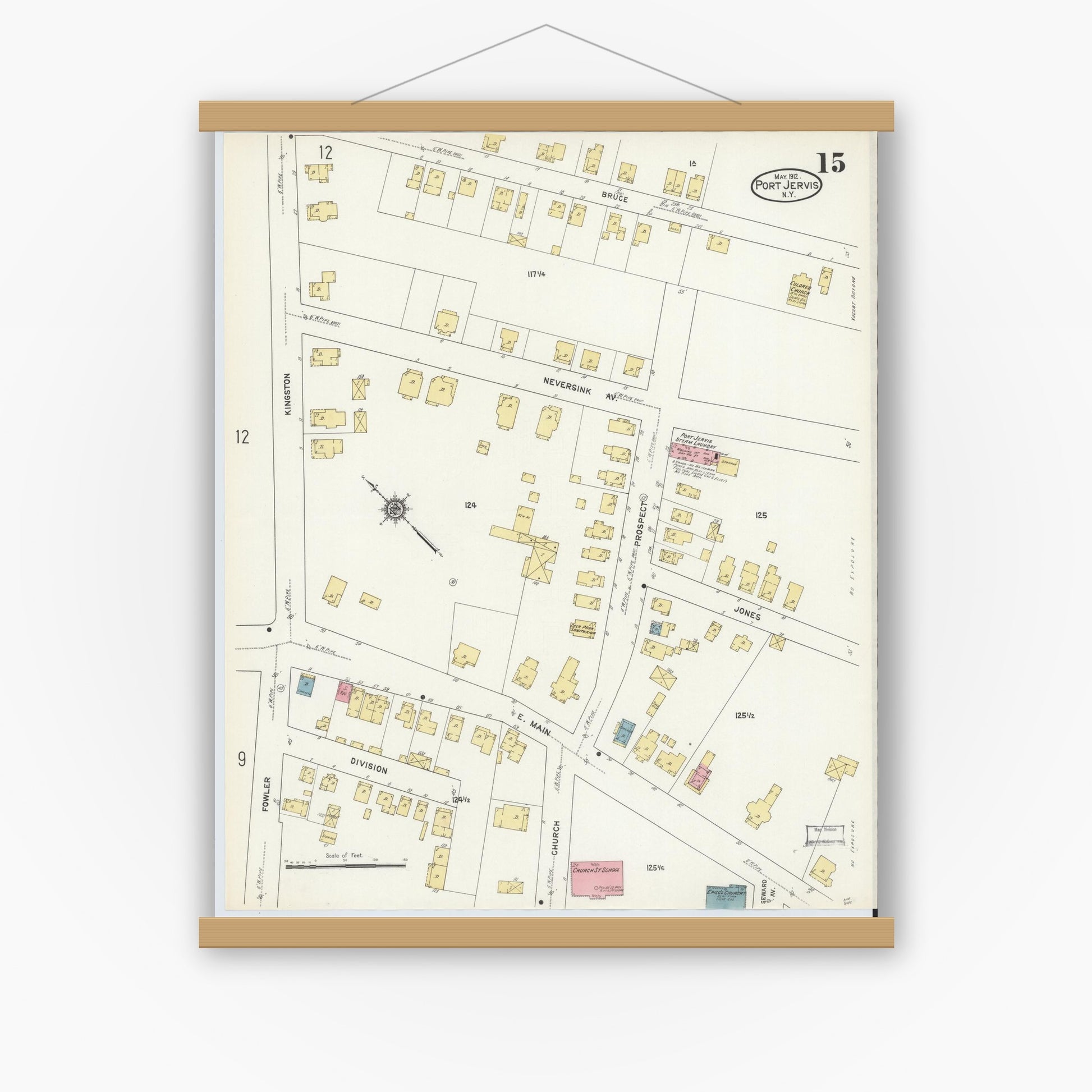 Old map wall art mockup — magnetic wood frame on white wall — Sanborn Fire Insurance Map from Port Jervis, Orange County, New York (1912), Sheet #0015