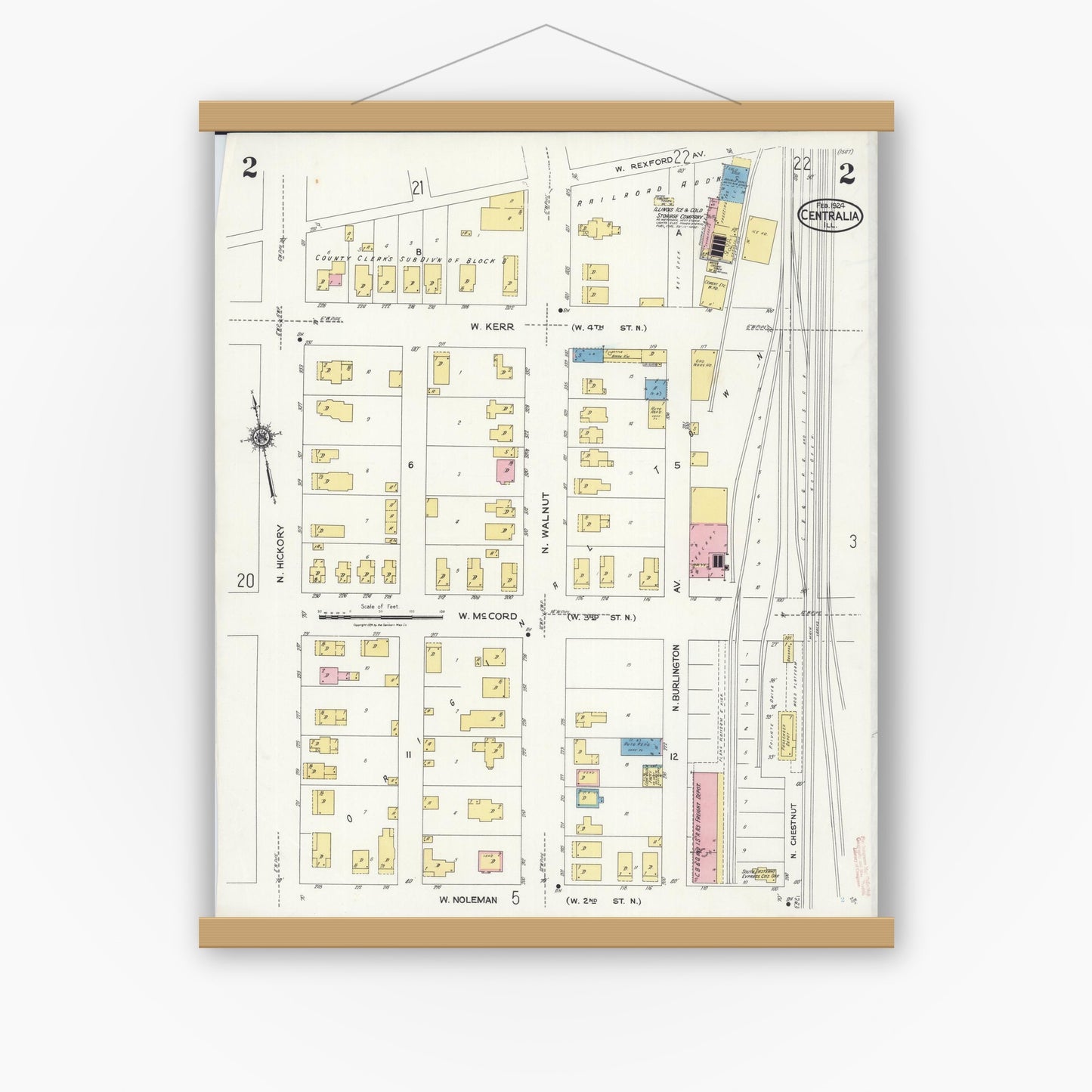 Old map wall art mockup — magnetic wood frame on white wall — Sanborn Fire Insurance Map from Centralia, Marion, Clinton, Jefferson, and Washington Counties, Illinois (1924), Sheet #0002
